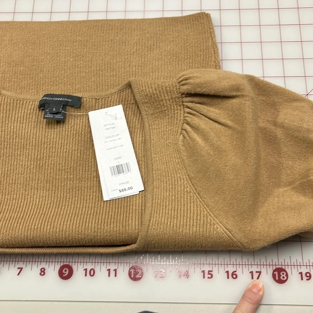 FRENCH CONNECTION NWT Milkmaid Boho Puff SLV SQ. Neck Mix Knit Camel Sweater L